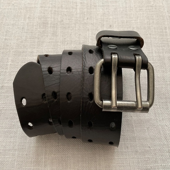 Black Genuine Leather Double Hole Prong Metal Roller Buckle Belt Size 40/100 - Picture 10 of 12